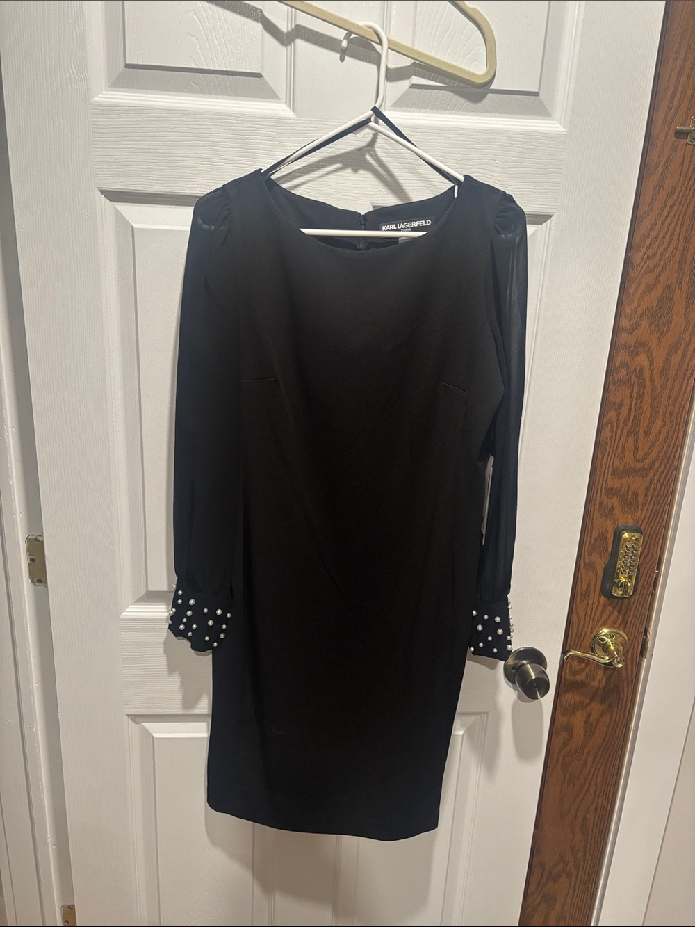 Karl Lagerfeld Black Long-Sleeve Sheath Dress with Pearl Cuffs